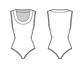 Bodysuit technical fashion illustration with scooped neckline, sleeveless, medium-coverage briefs. Flat outwear one-piece apparel template front back white color. Women men unisex shirt top CAD mockup