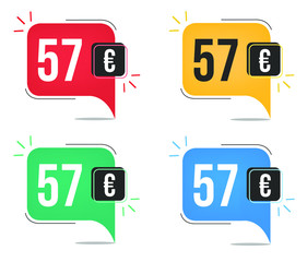 57 euro price. Yellow, red, blue and green currency tags with speech  balloon concept.