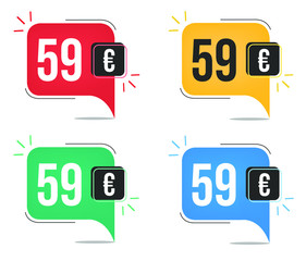 59 euro price. Yellow, red, blue and green currency tags with speech  balloon concept.