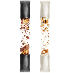 Milk and brown chocolate bars crushed in the air on a white background