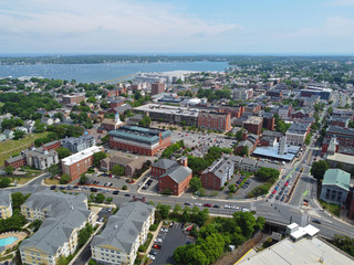 Aerial view of Salem historic city center and Salem Harbor in town of Salem, Massachusetts MA, USA. 