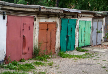 Old garages. Garage doors. Old architecture. Kazakhstan (Ust-kamenogorsk)