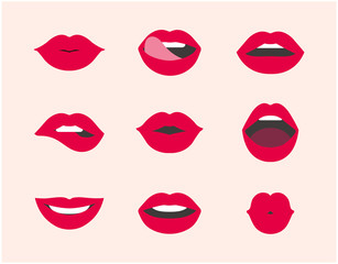 Red female lips collection. Woman lip expressed differernt emotion set. Biting, Smile, Kiss, Beauty concept. Trendy isolated background. Modern pop art style, Simple flat vector design illustration. - obrazy, fototapety, plakaty