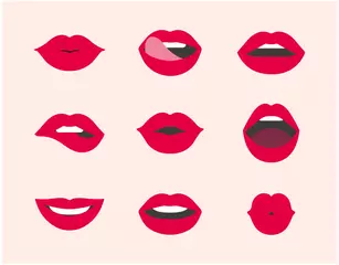 Fotobehang Rode vrouwelijke lipcollectie. Collectie van vrouw lippen uitgedrukt verschillende emoties. Moderne platte vectorillustratie van sexy vrouw lippen. Glimlach, kus. schoonheidsconcept, pop-art, trendy achtergrond. © DDDART