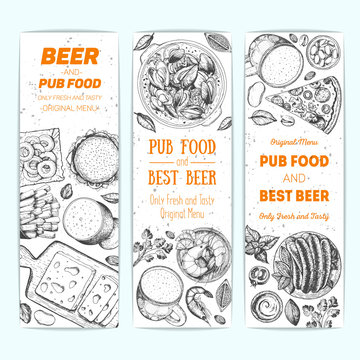 Banner set for beer pub or beer restaurant. Vector illustration in sketch style. Hand drawn vertical banners. Engraved style image
