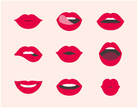 Red female lip collection. Collection of woman lips expressed differernt emotions. Modern flat vector illustration of sexy woman's lips. Smile, kiss. beauty concept, Pop art, Trendy background.