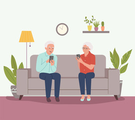 Elderly man and woman sitting on sofa and looks at gadgets in the living room. Vector flat cartoon illustration.