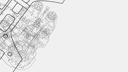 A mechanical engineering blueprint with rotating gears moving toward the screen in a seamless loop on a white background 