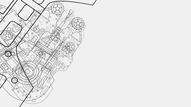 A mechanical engineering blueprint with rotating gears moving toward the screen in a seamless loop on a white background 