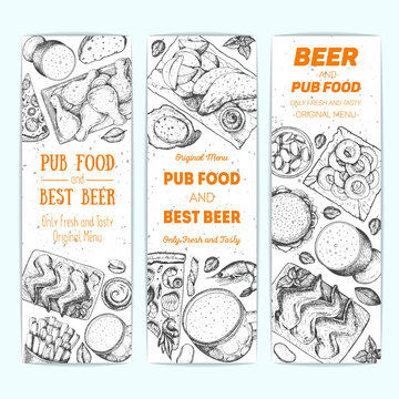 Banner set for beer pub or beer restaurant. Vector illustration in sketch style. Hand drawn vertical banners. Engraved style image