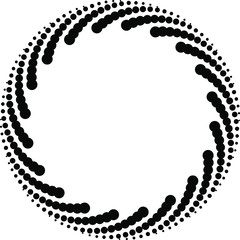 Black vector halftone dotted speed lines in spiral form. Geometric art. Trendy design element for frame, logo, tattoo, sign, symbol, web, prints, posters, template, pattern and abstract background
