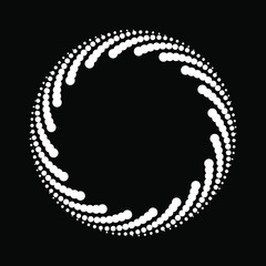White vector halftone dotted speed lines in spiral form. Geometric art. Trendy design element for frame, logo, tattoo, sign, symbol, web, prints, posters, template, pattern and abstract background