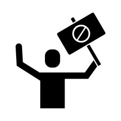 man protesting with banner stop signal silhouette style icon