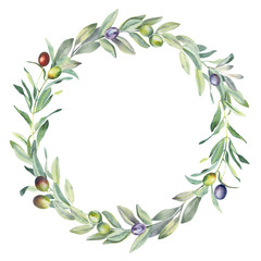 Hand paint watercolor  frame with olive branches and leaves on white background. Perfect for creating cards, print, wedding and fashion design. 