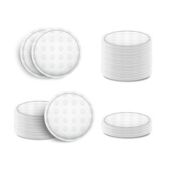 Realistic Detailed 3d White Blank Cosmetic Cotton Pads Template Mockup Set. Vector
