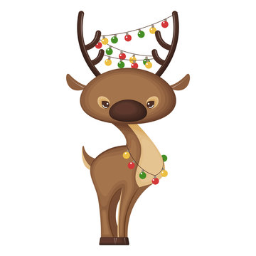 Cute cartoon fawn with garlands on its horns. Christmas character isolated on a white background. Vector illustration.