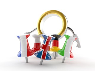 Wedding ring character with thumbtacks in flags