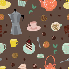 Cartoon Color Tea and Sweets Seamless Pattern Background. Vector