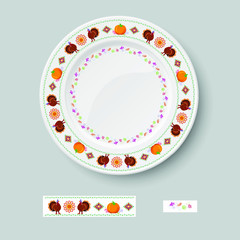 The design of the white plate is painted with multi-colored patterns. Colored typography ornament. Cartoon character Turkey with pumpkin. Decorative vector illustration of tableware and packaging.