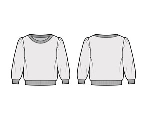 Cropped cotton-terry sweatshirt technical fashion illustration with scoop neckline, puffed shoulders, elbow sleeves. Flat outwear jumper apparel template front back grey color. Women, men unisex top