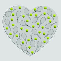 Heart with a pattern of tennis balls and rackets