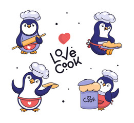 Set of penguins in a cap and apron. Cartoonish cooks