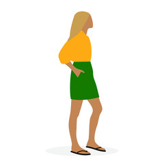 Blond-haired female character in summer clothes on a white background