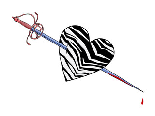 Vector illustration of an animal print heart pierced by a sword on white background. Romantic sketch to illustrate knightly adventures.