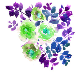 Watercolor Hand Painted Floral Composition Summer Bouquet of Roses and Leaves in Blue and Green