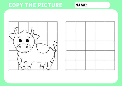 Coloring  bull. Educational Game for Kids. Copy the picture.  Illustration and vector outline - A4 paper ready to print. Preschool worksheet. 