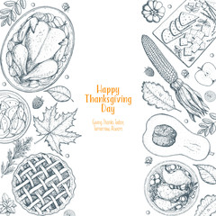 Thanksgiving day top view vector illustration. Food hand drawn sketch. Festive dinner with turkey and potato. Autumn food sketch. Engraved image.