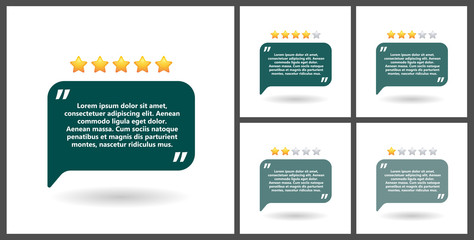 Set of blocks of quotes for statements or comments on a white background. Speech bubble templates with space for text and five stars, number of reviews.   - obrazy, fototapety, plakaty