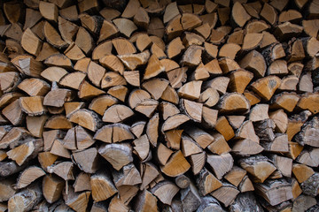wall of stacked dried firewood under a canopy