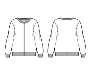 Zip-up oversized cotton-terry sweatshirt technical fashion illustration with scoop neckline, long sleeves, ribbed trims. Flat jumper apparel template front back white color. Women, men unisex top CAD