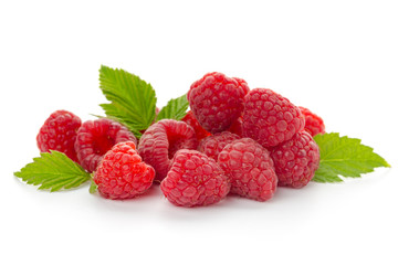  raspberries with leaf isolated on a white background