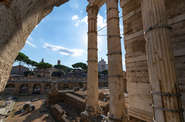 View from the Suburra of the Roman Augusto Forum in Rome Italy. Remains of the columns of the...