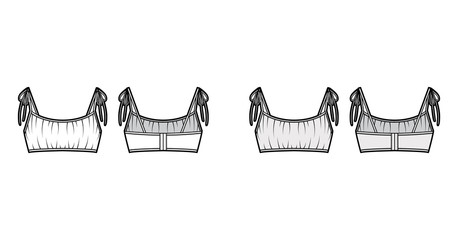 Cropped gathered at the front Bra top technical fashion illustration with ties at shoulders, back hook fastenings. Flat swimwear lingerie template front back white grey color. Women men underwear CAD