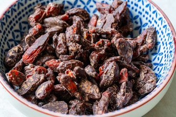 Bitter Chocolate Covered Goji Berries / Berry. Healthy Raw Organic Wolfberry Snacks.