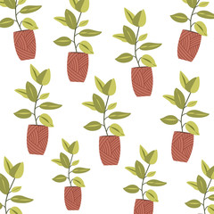 Green plants in flower pots for home and comfort seamless pattern on white background vector illustration