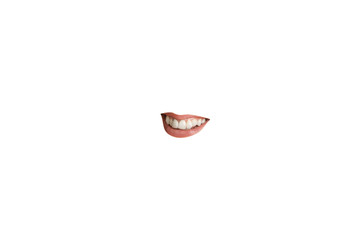 Close-up view of female mouth wearing red lipstick isolated on white studio background. Emotions showing, copyspace ready for advertising or design. Expression, beauty, sensuality, fashion concept.