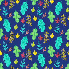 Woodland and vegetation seamless pattern. Forest green vegetation. Oak leaves, berries, acorns. Vector fabric print. Floral summer, fall backdrop for textiles, clothing, T-shirts, soap and perfume.