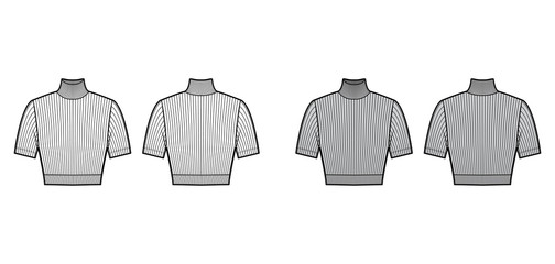 Cropped turtleneck ribbed-knit sweater technical fashion illustration with short sleeves, close-fitting shape. Flat jumper apparel template front back white grey color. Women men unisex shirt top CAD