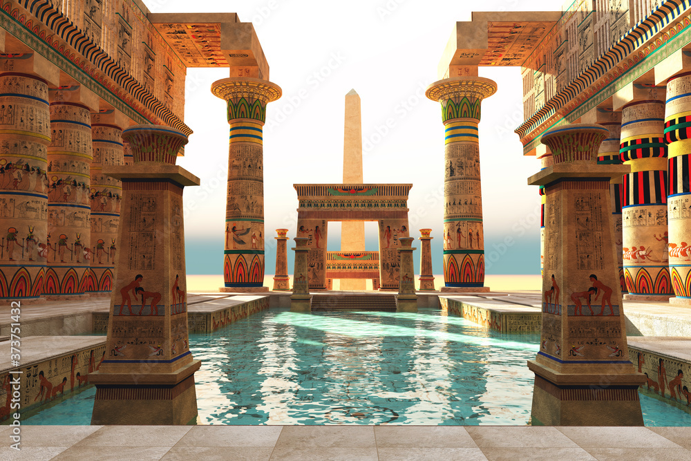 Wall mural egyptian pool with obelisk - ornate egyptian architecture with hieroglyphs surround a pool in histor