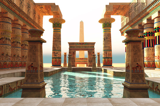 Egyptian Pool with Obelisk - Ornate Egyptian architecture with hieroglyphs surround a pool in historical Egypt with an obelisk standing guard.