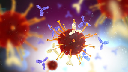 Fototapeta na wymiar Antibodies attacking SARS-CoV-2 virus, 3D illustration for Chinese coronavirus COVID19 treatment, diagnosis and prevention