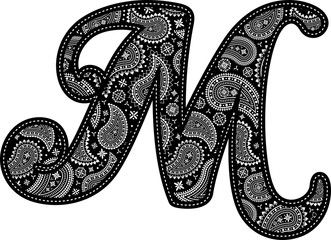Obraz premium capital letter M with paisley pattern design. Embroidery style in black color. Isolated on white