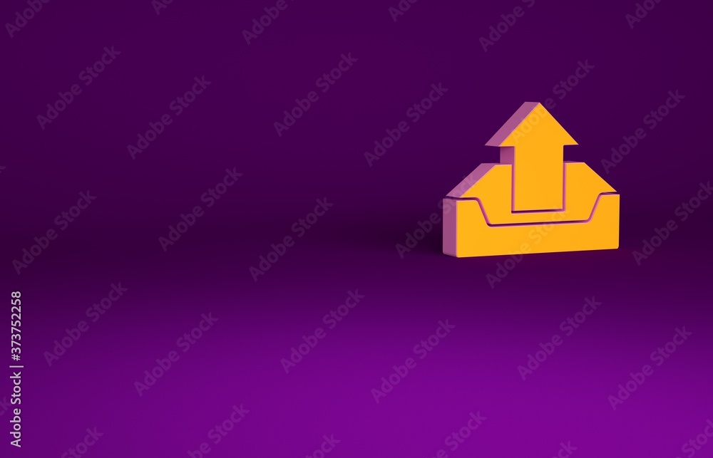 Poster orange upload inbox icon isolated on purple background. minimalism concept. 3d illustration 3d rende