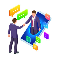 Isometric Business to Business Marketing, B2B Solution, business marketing concept. Two business partners shaking hands.