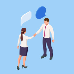 Isometric Business to Business Marketing, B2B Solution, business marketing concept. Two business partners shaking hands.