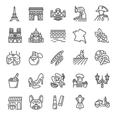 France, icon set. French traditions, landmark, clothing, buildings, linear icons. Line with editable stroke - obrazy, fototapety, plakaty